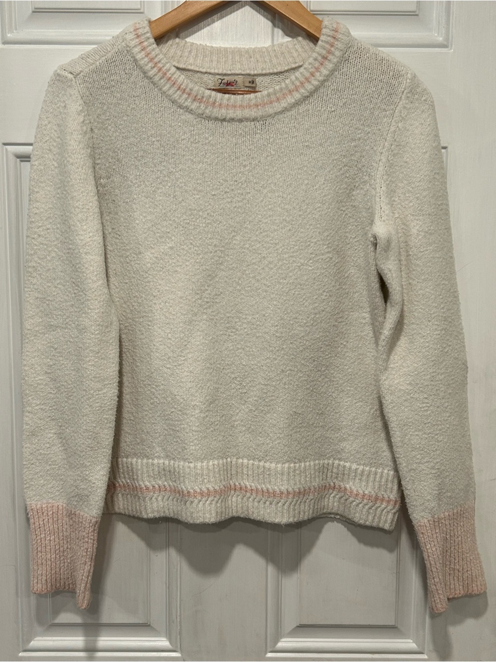 Faherty Serene Tipped Organic Cotton Knit Crew Neck Sweater Ivory/Pink - Medium - Picture 1 of 9